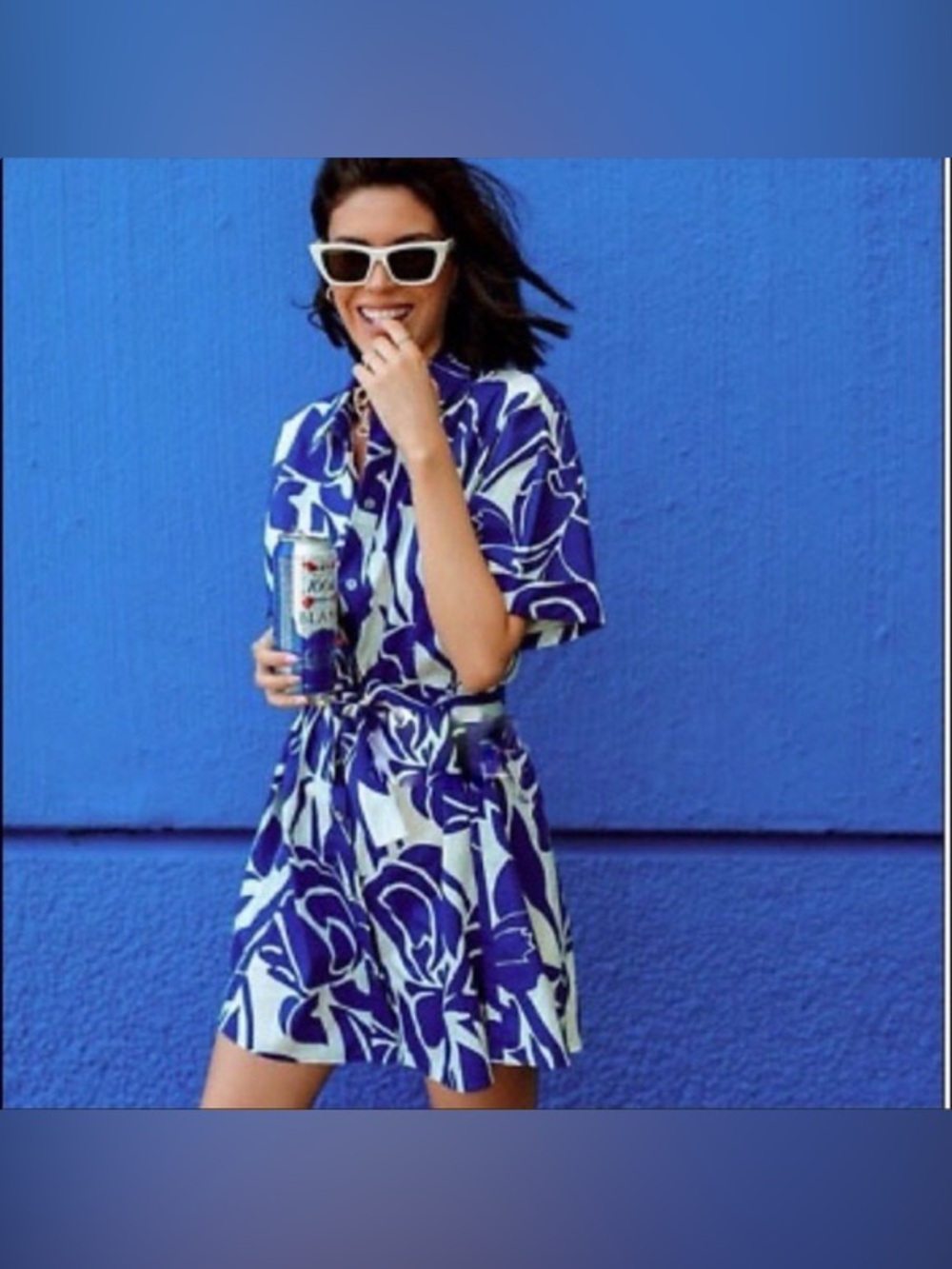 Zara Cobalt Blue Floral Print Mini Belted Shirt Dress XS